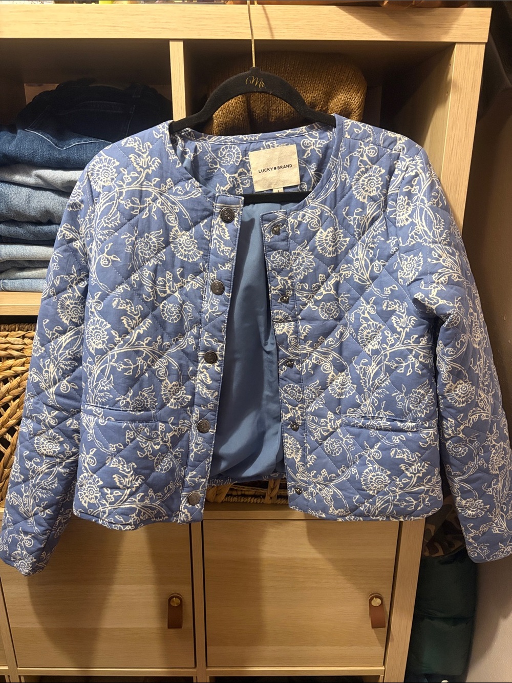 Lucky Brand Light Blue Quilted Floral Snap-Front Jacket